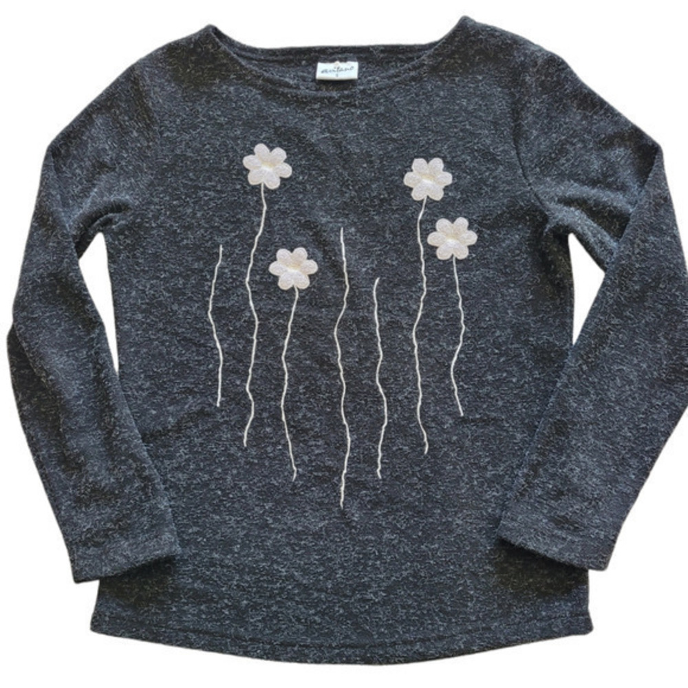 Avitano Heather Gray Floral Applique‎ Long Sleeve Pullover Sweater
